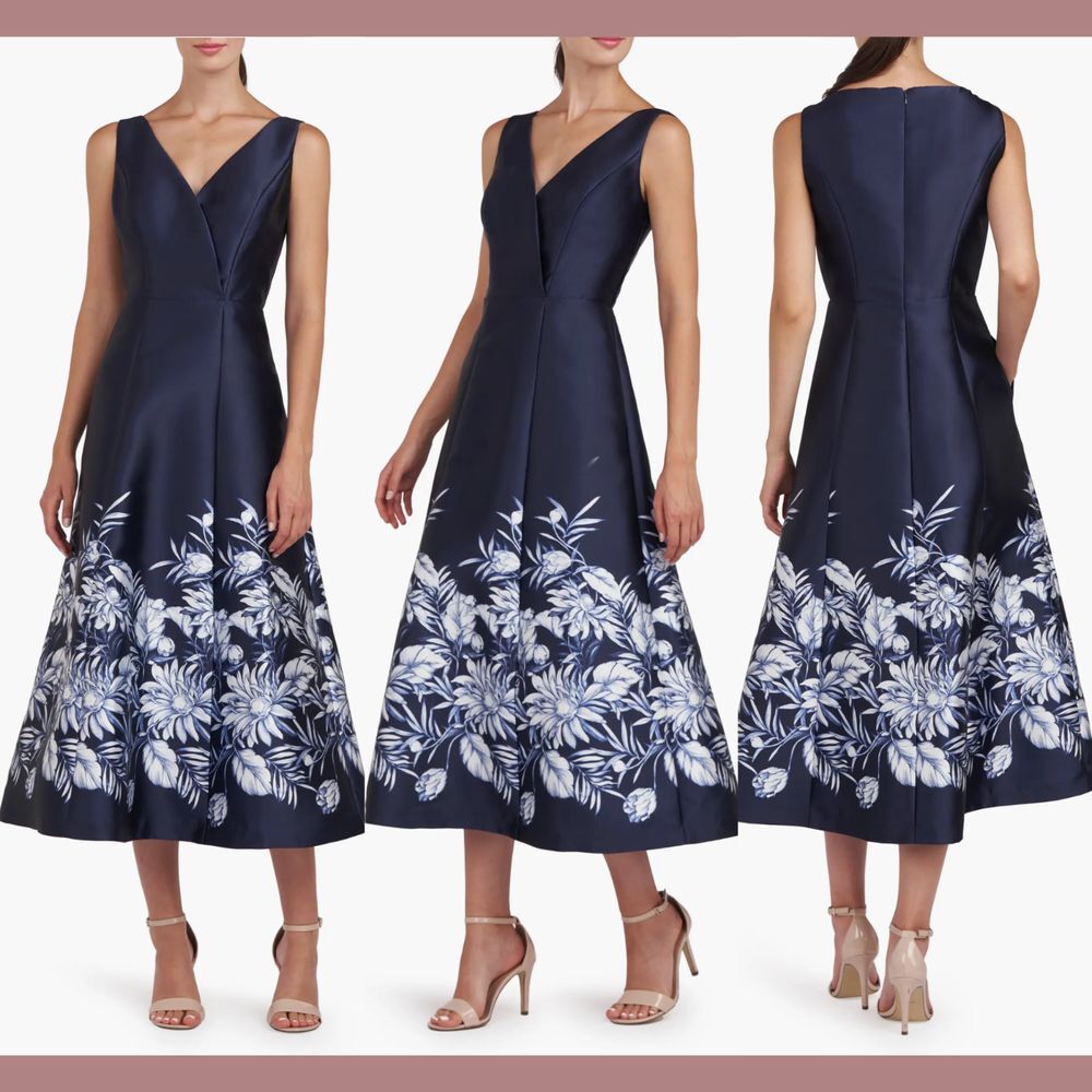 NEW $298 Kay Unger [ 8 ] Hattie Floral‎ A-Line Cocktail Dress in Dark Navy Blue
